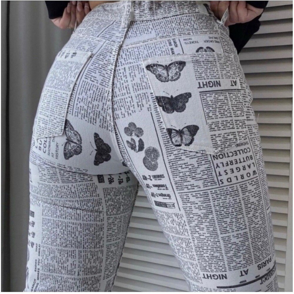 Zara Newspaper & Butterfly Straight-Leg Jeans — White/Black